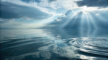 Peaceful ocean scene with sun rays breaking through clouds, creating ripples on calm water surface