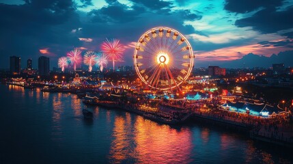 Night Ferris wheel, fireworks, riverside festival