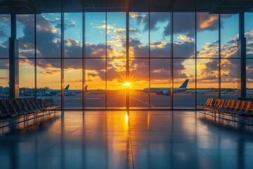 Fototapeta premium Sunny day airport waiting area with large glass windows, modern and spacious design