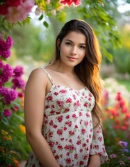 Fototapeta premium Graceful Elegance in Bloom: A Serene Portrait Amidst Vibrant Flowers