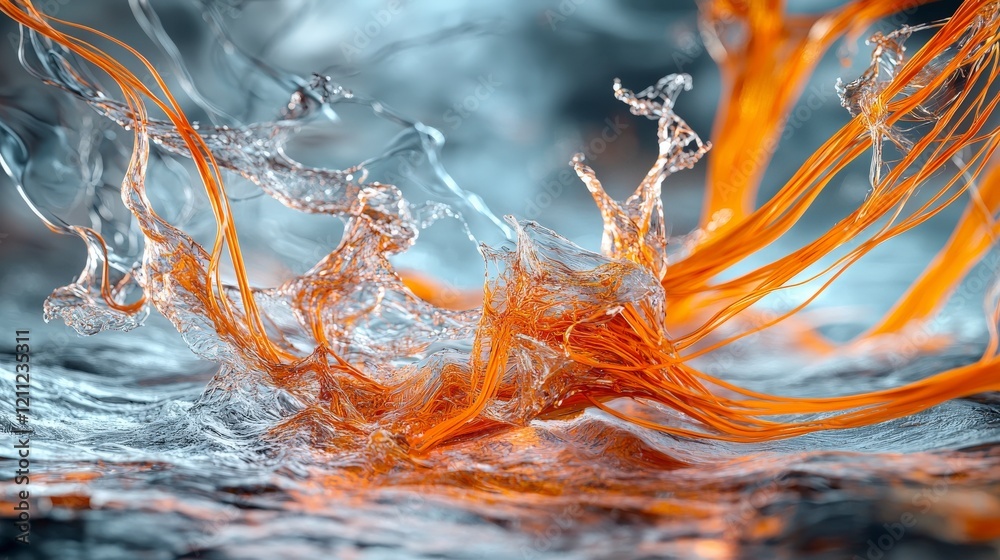 Poster intricate orange lines dancing through water abstract art fluid motion vibrant colors close-up view 