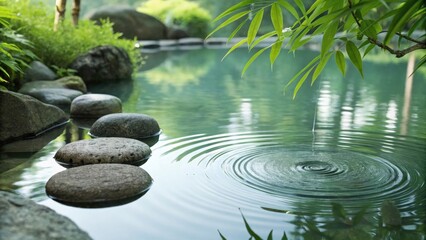 Obraz premium Serene Stepping Stones in a Tranquil Water Garden with Bamboo