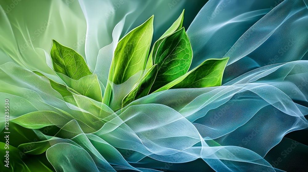 Poster Abstract layers of green blending softly nature inspired artwork serene environment macro view organic concept