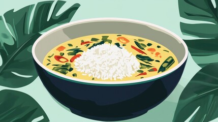 A bowl of Thai green curry served with jasmine rice, styled with a cozy tropical vibe