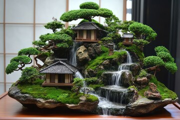 Fototapeta premium Miniature Japanese garden landscape with waterfall, bonsai trees, and houses.