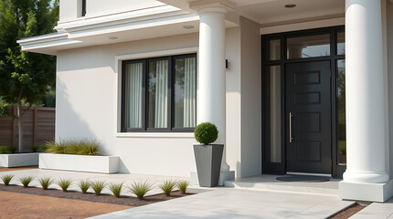 Fototapeta premium Modern House Exterior: Contemporary Home Design with Elegant Entrance and Landscaping