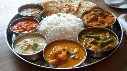 A colorful Indian thali platter with various curries, rice, and naan, styled with intricate traditional decor