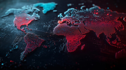 World map with red and blue digital light,representing global connectivity, highlighting continents and oceans
