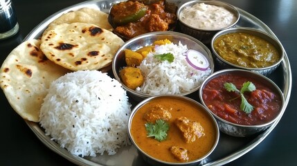 A colorful Indian thali platter with various curries, rice, and naan, styled with intricate traditional decor