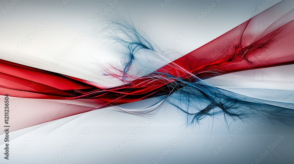 Poster Dynamic abstract composition featuring bold red plane and blue strands modern art digital creation minimalist style