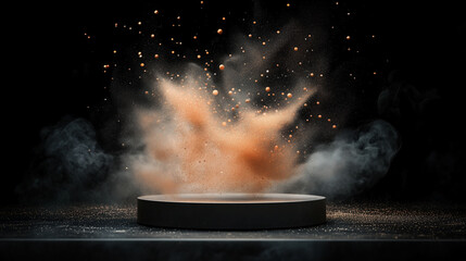 Dusty explosion on black platform gives off dramatic look with light color dust scattering and dark backround