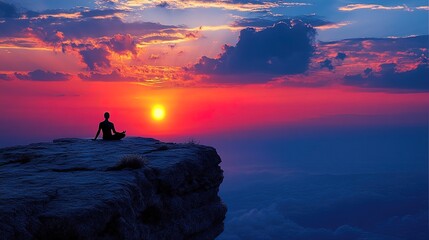 Person meditating on a mountain cliff at sunrise, calm and balanced