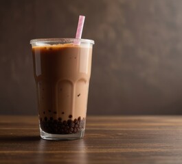 chocolate milk with bubble tea in a plastic glass