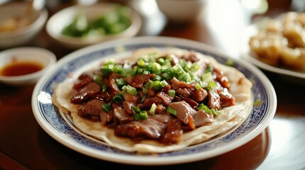 A plate of Chinese Peking duck served with pancakes, hoisin sauce, and green onions