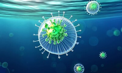 AI - Futuristic 3D Illustration of Virus Cells Under Microscope, showing glowing particles and biological structures. - Powered by Adobe