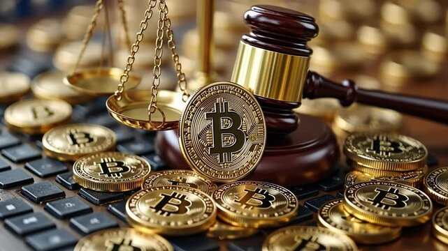 Bitcoin Legal Battle: A golden bitcoin coin rests beneath a judge's gavel and a scale of justice, signifying the legal and regulatory landscape surrounding cryptocurrencies.