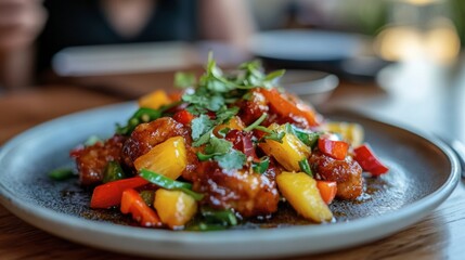 A plate of Chinese sweet and sour chicken with vibrant peppers and pineapple