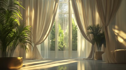 Fototapeta premium 2.A refined and graceful window scene featuring luxurious curtains elegantly tied back, with streams of natural sunlight cascading into a well-designed interior, creating a warm and inviting ambiance.