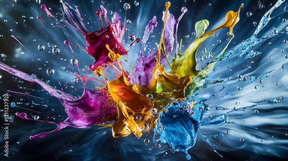 Aufkleber Dynamic burst of colorful paint droplets abstract art studio setting high-speed photography vivid imagery