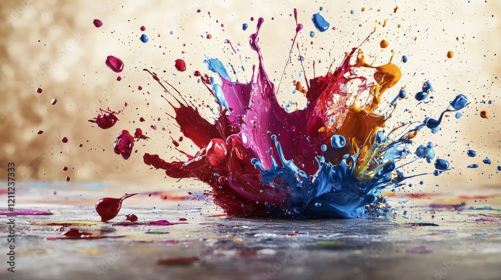 Leinwandbilder Dynamic paint splashes burst across canvas colorful art creation studio environment close-up view vibrant expression