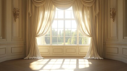Fototapeta premium 5.A classic interior featuring an expansive window with curtains elegantly tied back, letting in the beauty of natural light that highlights the graceful simplicity of the roomâ€™s decor, evoking a
