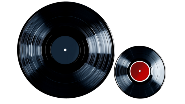 Two black vinyl records one large and one small, 12 inch and 7 inch, 33rpm, 45rpm