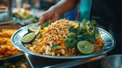 A plate of pad Thai garnished with crushed peanuts, lime, and cilantro, captured in a street food market style