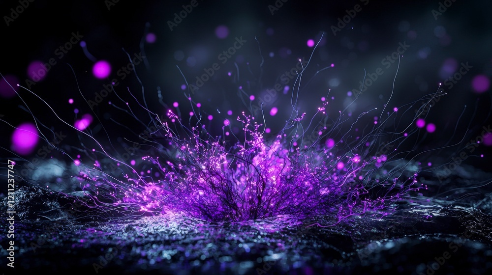Poster magical purple light explosion dark background digital art abstract environment close-up view ethere