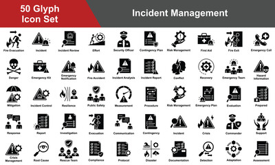 Incident Management Icon Set Collection. Containing Measurement, Procedure, Risk Management, Evaluation, Prepared, Response, Investigation, Evacuation, Communication. Simple Glyph Vector Illustration.