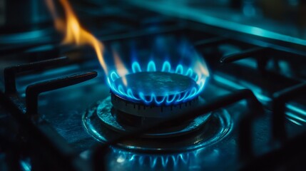 14.A detailed close-up of a blue gas flame burning on a kitchen stove, with the surrounding metal burner glowing slightly, showcasing the efficiency and controlled heat produced by natural gas.