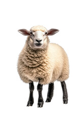 Fototapeta premium A sheep standing on all fours, isolate on white background, showcasing its woolly texture and features. cutout png