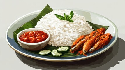 A serving of Malaysian nasi lemak with coconut rice, sambal, and fried anchovies