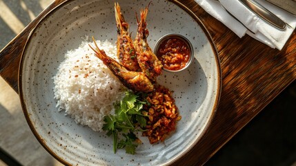 A serving of Malaysian nasi lemak with coconut rice, sambal, and fried anchovies