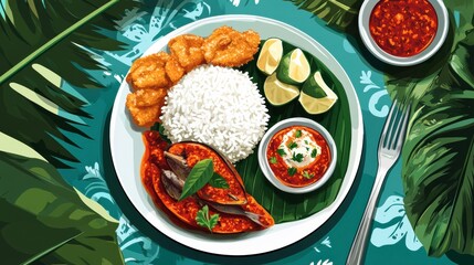A serving of Malaysian nasi lemak with coconut rice, sambal, and fried anchovies