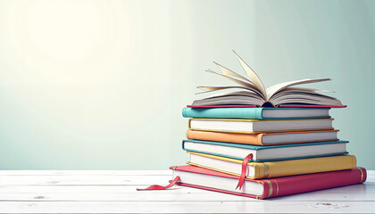 World Book Day: Stack of colorful books with one open on a white wooden table
