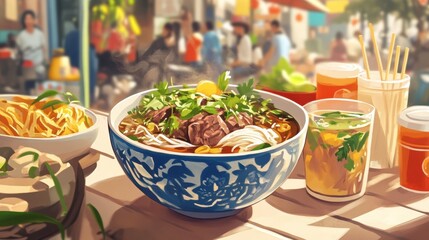 A serving of Vietnamese pho with beef, rice noodles, and fresh herbs, styled with a bustling street food setting