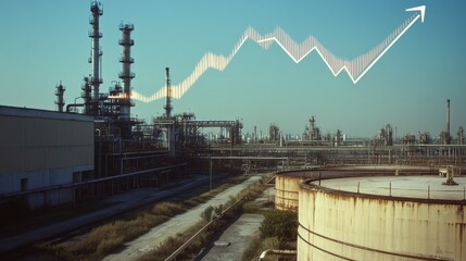 Fototapeta premium 36.A wide-angle view of an oil refinery or petrochemical plant, with large tanks and pipes in the foreground. An arrow or bar chart overlays the image, showing growth in production or market demand.