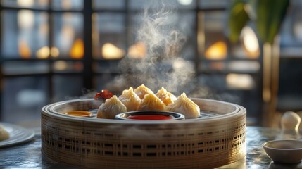 A steaming basket of dim sum dumplings served with dipping sauces, styled with an elegant Chinese tea house vibe