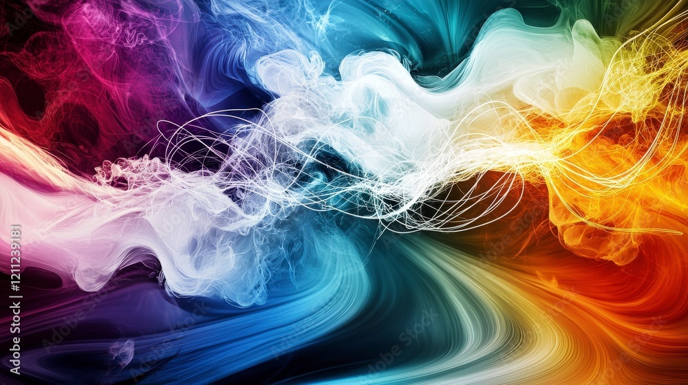 Poster dynamic abstract art composition thin white lines amidst colorful swirls digital artwork vibrant env