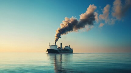 45.A powerful image showing a ship in the ocean with a visible smokestack, emitting toxic gases into the sky, against a background of clear blue skies, highlighting the environmental damage caused by