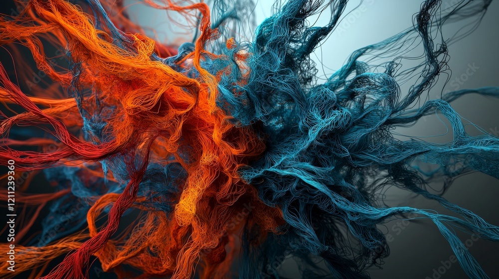 Aufkleber Dynamic twisting and overlapping abstract lines digital art vivid colors studio close-up chaotic formations