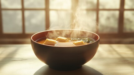 A steaming bowl of Japanese miso soup served with tofu and seaweed, styled with a minimal zen aesthetic