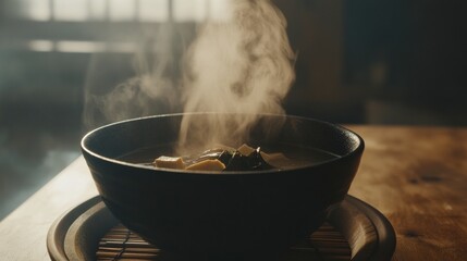 A steaming bowl of Japanese miso soup served with tofu and seaweed, styled with a minimal zen aesthetic