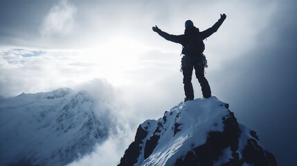 Lone climber silhouette against dramatic mountain vista. Great for solitary adventure, personal challenge and mountaineering achievement themes.