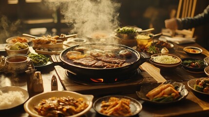 A traditional Korean barbecue table with sizzling meats and banchan dishes
