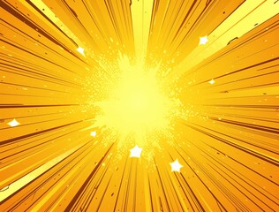 Fototapeta premium Comic book style explosion background with yellow and orange rays, halftone dot lines, and dynamic arrows, creating a sense of power and energy in pop art cartoon style.