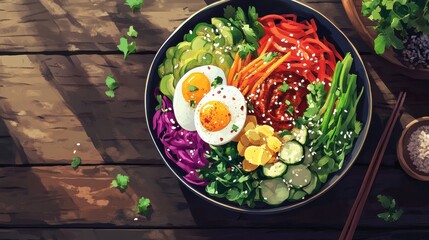 A traditional Korean bibimbap bowl with vibrant vegetables, egg, and gochujang, styled with a rustic wooden table