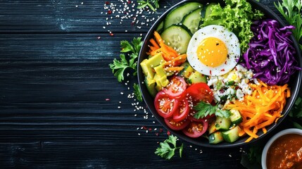 A traditional Korean bibimbap bowl with vibrant vegetables, egg, and gochujang, styled with a rustic wooden table