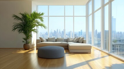 Fototapeta premium 82.A contemporary living room with panoramic windows, providing a bright and airy atmosphere. The spacious room features a beige sofa, a stylish gray ottoman, and a thriving potted plant, adding life