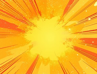 Fototapeta premium Comic book style explosion background with yellow and orange rays, halftone dot lines, and dynamic arrows, creating a sense of power and energy in pop art cartoon style.